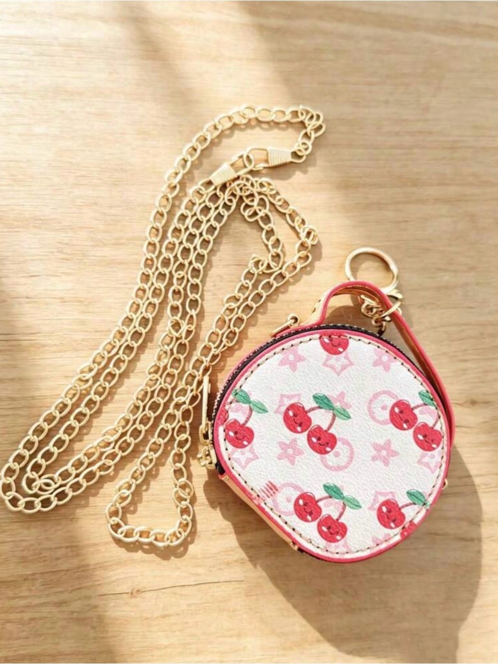Round Cherry Print Crossbody Coin Purse with Gold Chain (Keychain/bag charm)